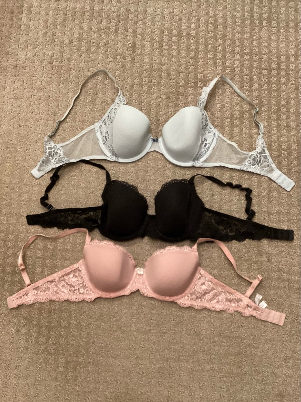 Victoria's Secret Lace Trim Bras — White, Black & Pink Set
